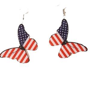New WOODEN PATRIOTIC BUTTERFLY EARRINGS USA fun whimsical kawaii July 4th
